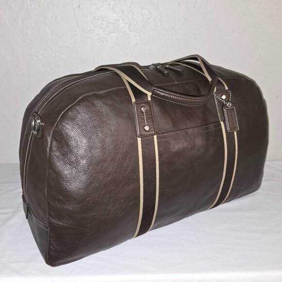 COACH F70561 Heritage Logo Large 22" Dark Brown Web & Leather Boston Duffel Bag - Picture 6 of 12